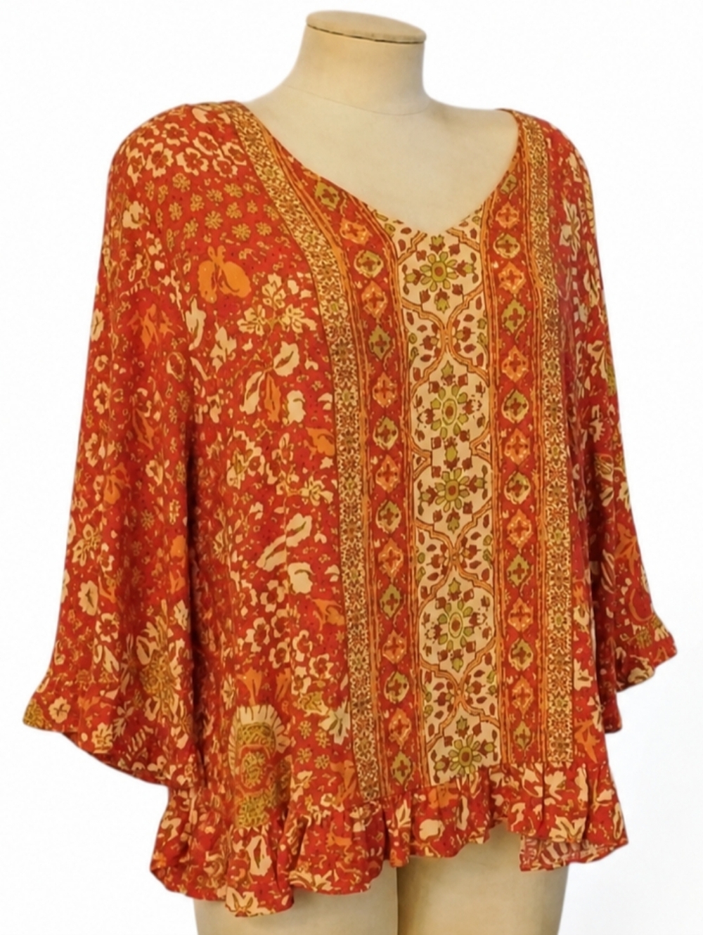 Rachel Zoe Boho Blouse 1X Rust Floral Ruffle Peasant Festival